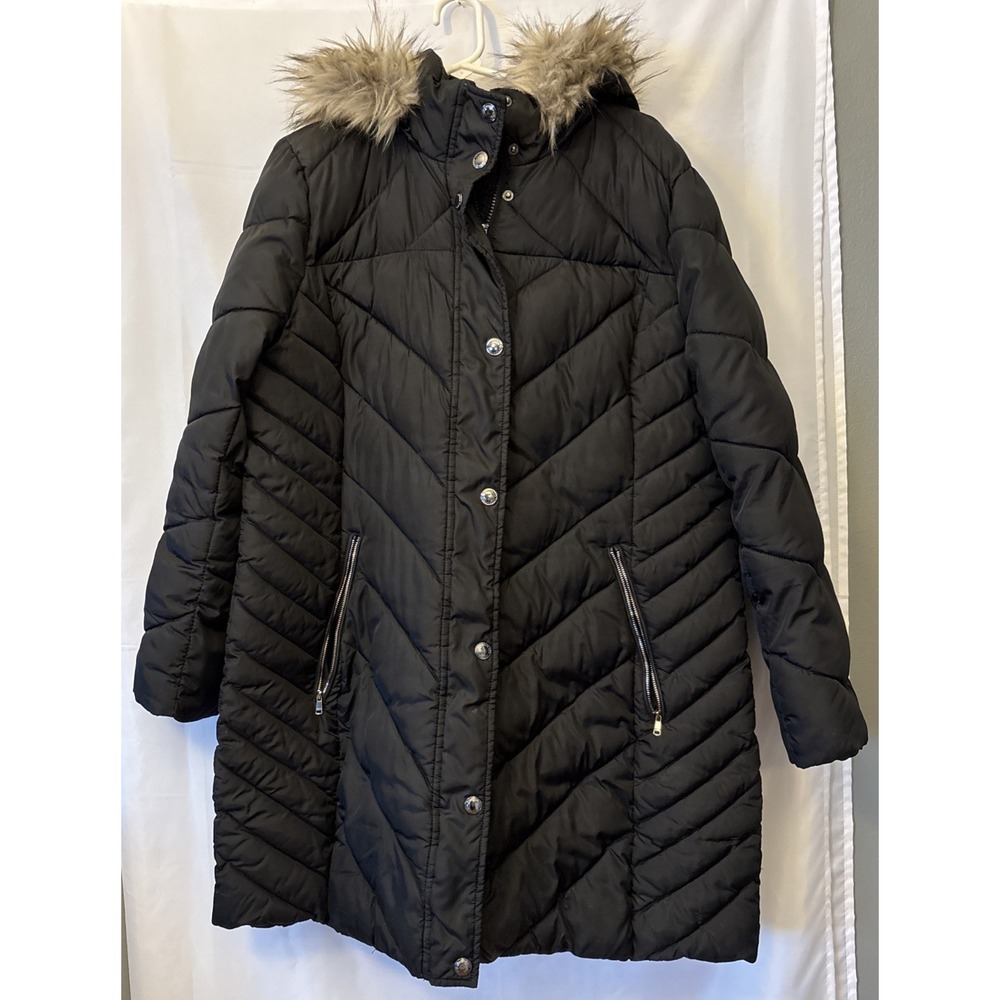 London Fog Women's Quilted‎ Chevron Puffer Coat Removable Faux Fur Hood Trim XL